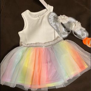 Multicolor tutu and whit bodysuit with sandals
